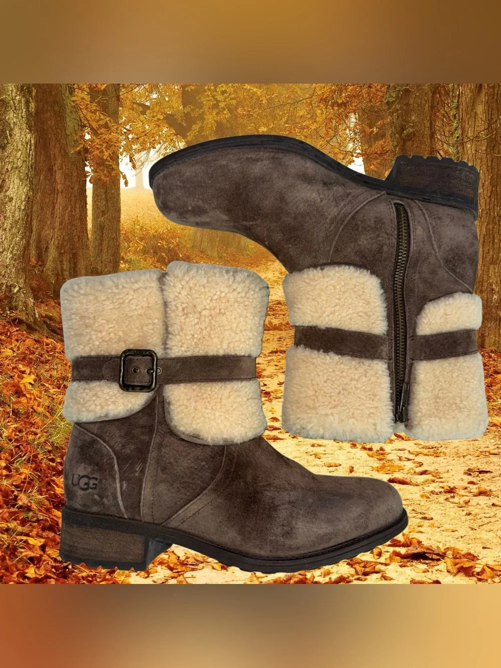 Ugg Blayre II Sheepskin & Suede Espresso Mid Calf Boots, Buckle Side Zip Sz 8.5